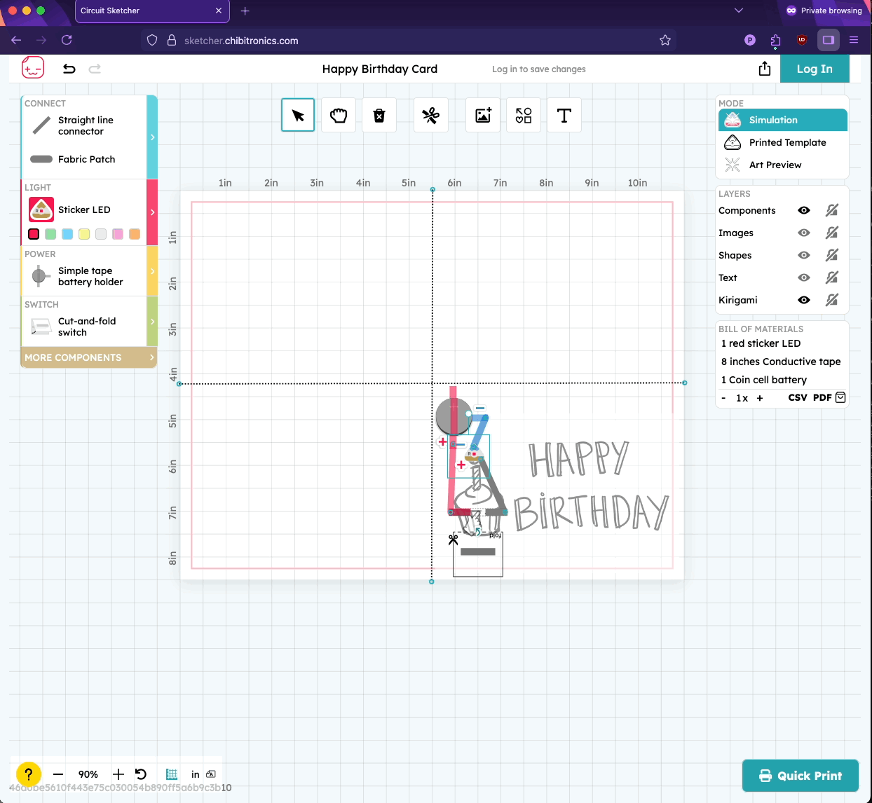 The UI of Circuit Sketcher; attaching a LED and pressing the switch; showing different modes