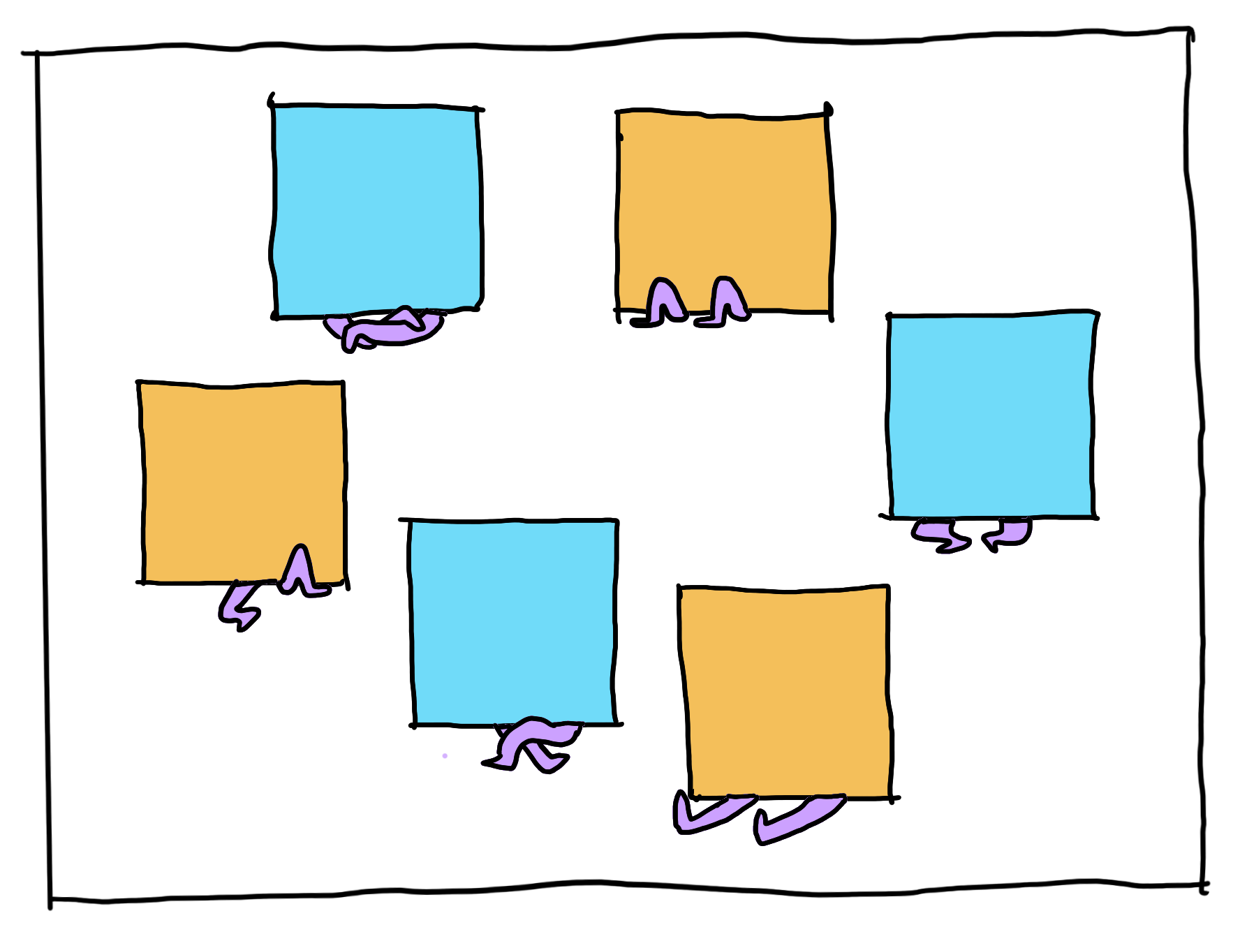 A drawing of squares with legs, gathered in a circle.