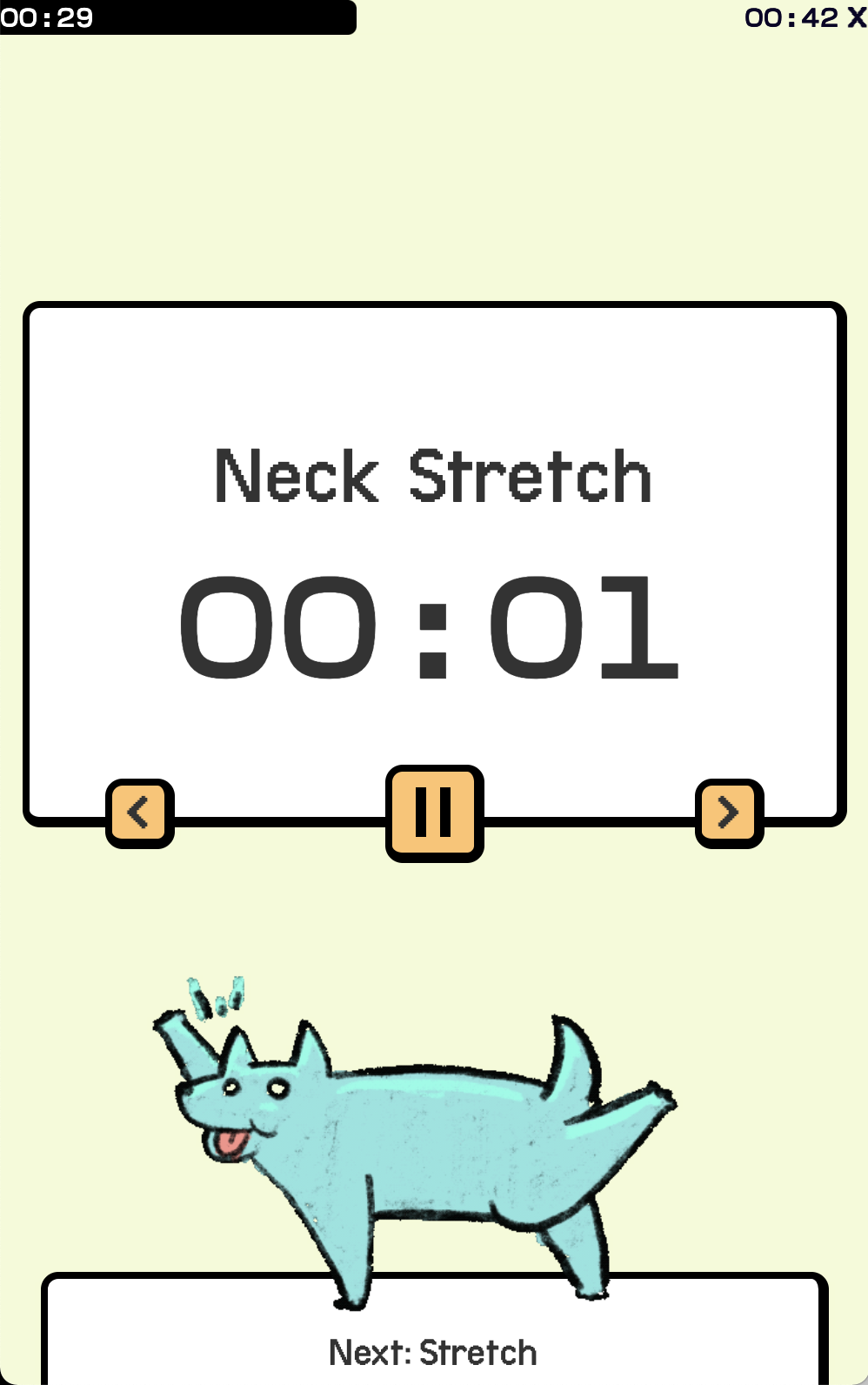 A screenshot of the app 'Workout Dog', a timer with a drawing of a dog looking stretchy